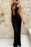 Sexy Casual Solid Hollowed Out Frenulum O Neck Long Dresses
