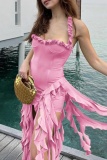 Sexy Solid Tassel Bandage Backless Halter Sleeveless Dresses