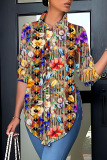 Casual Print Slit Shirt Collar Tops