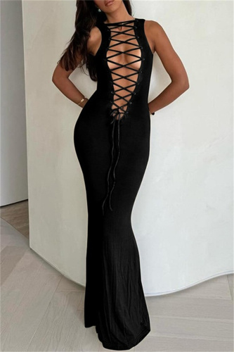 Sexy Casual Solid Hollowed Out Frenulum O Neck Long Dresses