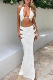 Sexy Solid Bandage Hollowed Out Backless Slit Halter Sleeveless Two Pieces