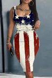 Casual Flag Stars Print U Neck Knee Length Sleeveless Bodycon Tank Dresses