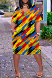 Casual Print Patchwork V Neck Short Sleeve Short Sleeve Dress
