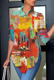 Casual Print Slit Shirt Collar Tops
