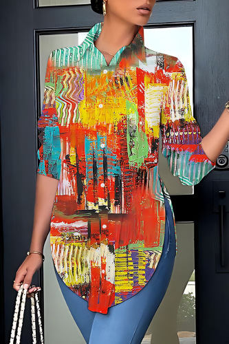 Casual Print Slit Shirt Collar Tops