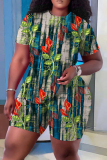 Casual Print Basic O Neck Plus Size Two Pieces