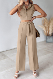 Casual Daily Solid Frenulum Turndown Collar Sleeveless Two Pieces