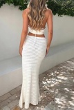 Sexy Solid Bandage Hollowed Out Backless Slit Halter Sleeveless Two Pieces