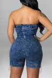 Sexy Casual Solid Chains Backless Strapless Sleeveless Skinny Denim Jumpsuits
