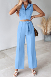 Casual Daily Solid Frenulum Turndown Collar Sleeveless Two Pieces