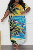 Casual Print Slit O Neck Long Plus Size Dresses