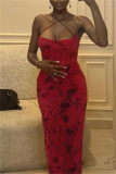 Sexy Print Backless Spaghetti Strap Long Dresses