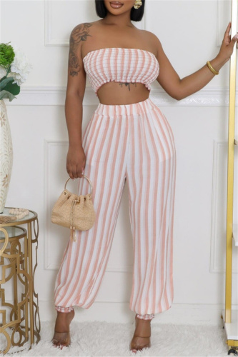 Sexy Casual Striped Print Backless Strapless Sleeveless Two Pieces