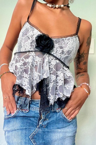 Sexy Patchwork Lace Backless Asymmetrical Spaghetti Strap Tops
