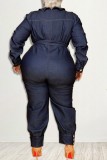 Casual Solid Patchwork Turndown Collar Plus Size Jumpsuits