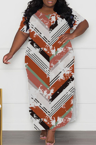 Casual Print Slit O Neck Long Plus Size Dresses