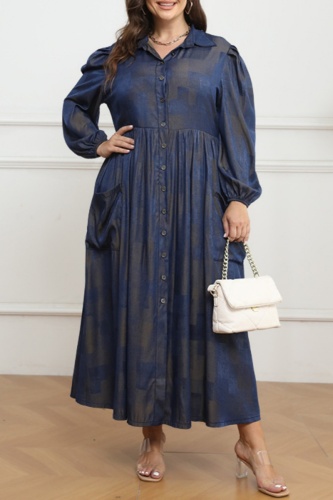 Casual Patchwork Buttons Turndown Collar Long Sleeve Plus Size Dresses