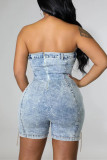 Sexy Casual Solid Chains Backless Strapless Sleeveless Skinny Denim Jumpsuits