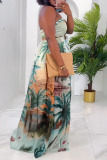 Tropical Print Sleeveless Strapless Cinch Waist Lace Up Vacation Tube Maxi Dress