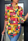 Casual Print Slit Shirt Collar Tops