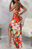 Sexy Print Patchwork High Opening Halter Sleeveless Two Pieces