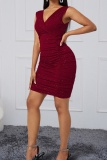 Casual Solid Fold V Neck Wrapped Skirt Dresses