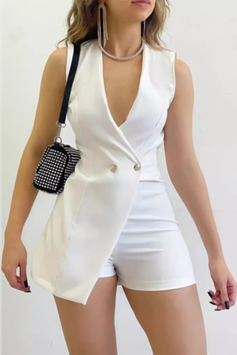 Sexy Simplicity Solid Buttons V Neck Regular Rompers