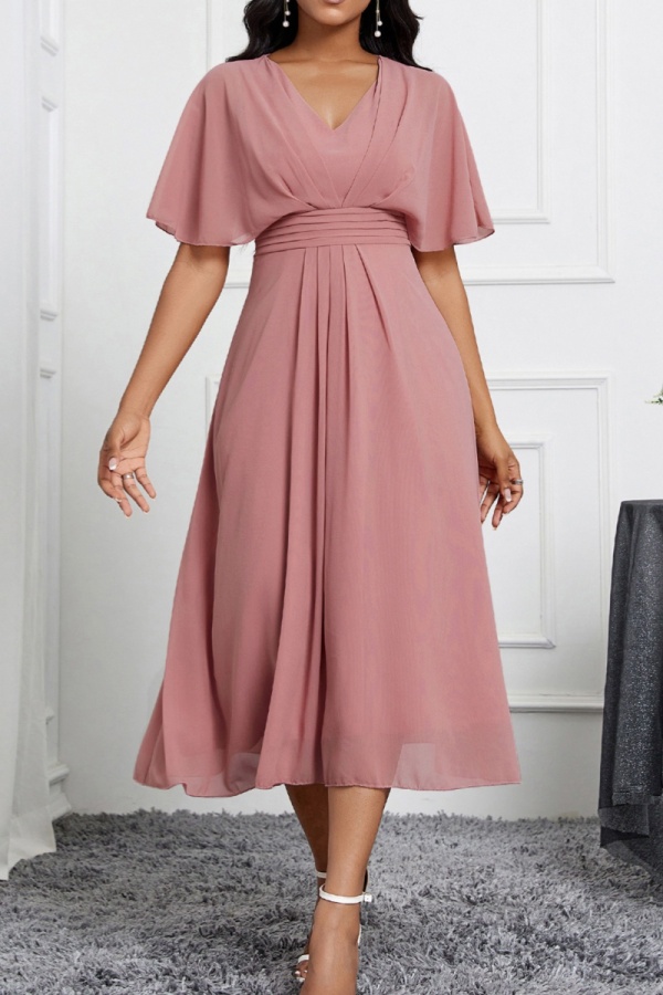Casual Solid Patchwork V Neck Short Sleeve Dresses