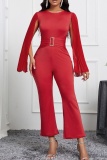 Casual Solid Patchwork O Neck Skinny Jumpsuits