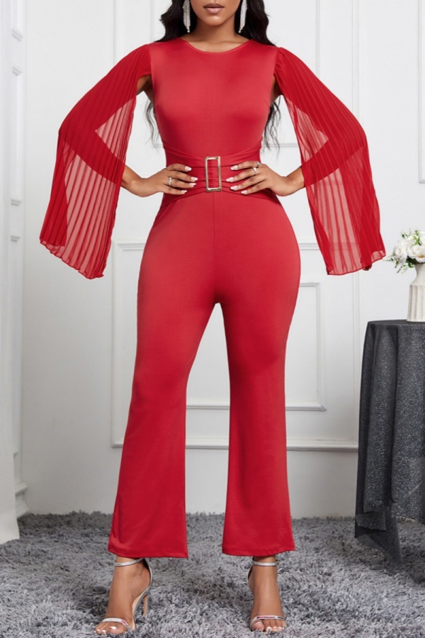 Casual Solid Patchwork O Neck Skinny Jumpsuits