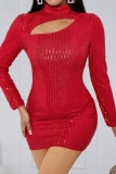 Sexy Patchwork Hollowed Out Sequins Turtleneck Long Sleeve Dresses