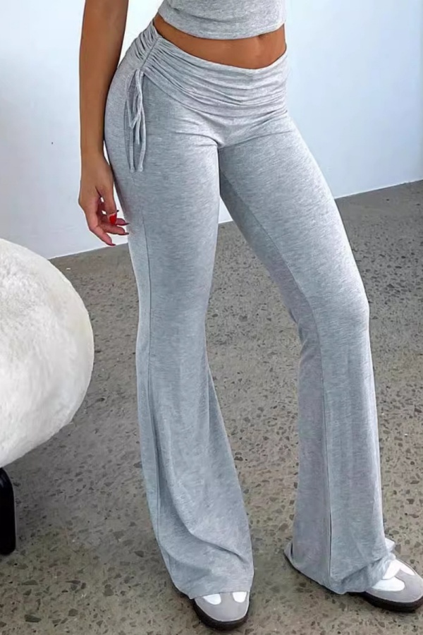 Casual Solid Draw String Frenulum Skinny Mid Waist Conventional Solid Color Trousers