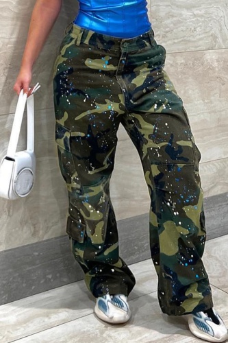 Casual Camouflage Print Patchwork Straight Mid Waist Conventional Full Print Trousers
