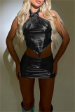 Sexy Solid Bandage Backless Fold Asymmetrical Halter Sleeveless Two Pieces