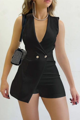 Sexy Simplicity Solid Buttons V Neck Regular Rompers