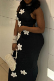 Casual Flowers Patchwork Turtleneck Long Dresses