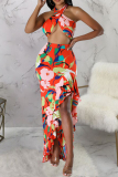 Sexy Print Patchwork High Opening Halter Sleeveless Two Pieces