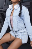 Casual Solid Patchwork Zipper Collar Long Sleeve Regular Denim Jacket