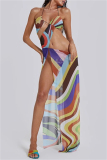Sexy Print Bandage Slit Asymmetrical Spaghetti Strap Beach Dresses