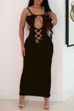Sexy Solid Bandage Hollowed Out Backless Spaghetti Strap Long Dresses