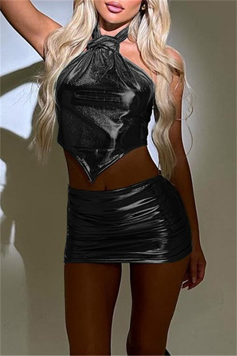 Sexy Slim Bandage A Line Solid Halter Sleeveless Crop Tops Mini 2 Piece Set Dresses For Women Autumn