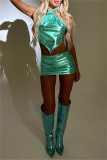 Sexy Solid Bandage Backless Fold Asymmetrical Halter Sleeveless Two Pieces