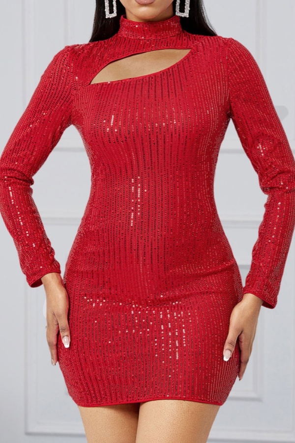 Sexy Patchwork Hollowed Out Sequins Turtleneck Long Sleeve Dresses