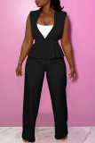 Street Solid Patchwork Buttons Turn-back Collar Sleeveless Two Pieces