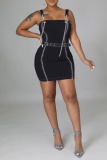 Casual Solid Patchwork Backless Spaghetti Strap Sleeveless Skinny Denim Skirts