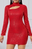 Sexy Patchwork Hollowed Out Sequins Turtleneck Long Sleeve Dresses