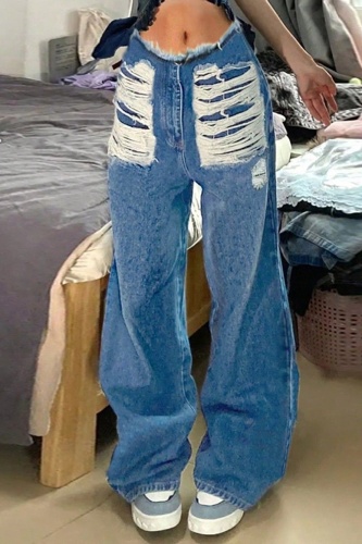 Casual Solid Ripped Mid Waist Regular Denim Jeans