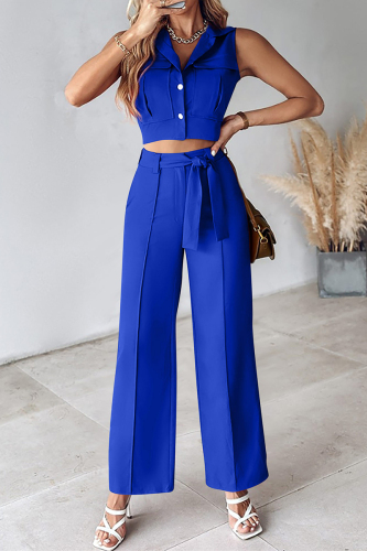 Casual Daily Solid Frenulum Turndown Collar Sleeveless Two Pieces