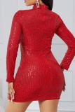 Sexy Patchwork Hollowed Out Sequins Turtleneck Long Sleeve Dresses