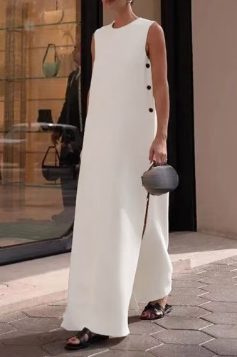 Casual Simplicity Solid Buttons Slit O Neck Sleeveless Dresses